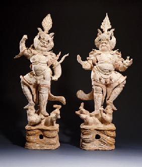 A Fine Pair Of Painted Pottery Lokapala Guardians Standing On The Head And Belly Of A Recumbent Demo