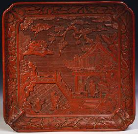 A Ming Red Lacquer Shaped Square Tray, 16th Century