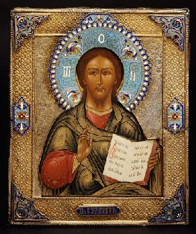 A Silver-Gilt And Cloisonne Enamel Icon Of Christ Pantocrater, The Oklad Marked Moscow, 1895, Assaym