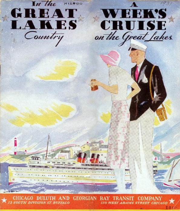 Cover of the Chicago, Duluth and Georgian Bay Transit Company schedule for 1931 depicts a man and a  from 