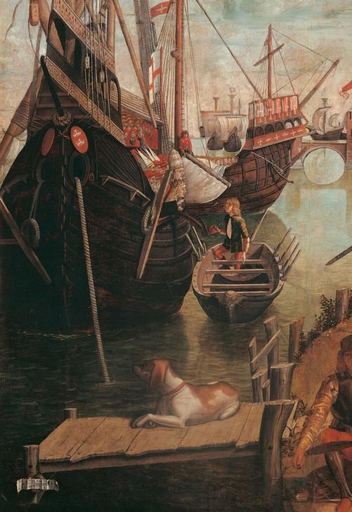 Detail. Moored galley figures small boat barge oars man sailor seaman pier dog. from 