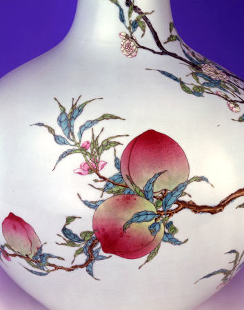 Detail From A Magnificent Famille Rose Nine-Peach Globular Bottle Vase from 