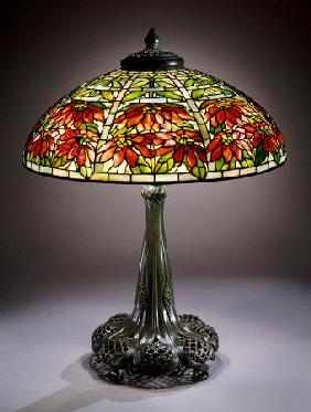 Double Poinsettia Leaded Glass And Bronze Table Lamp
