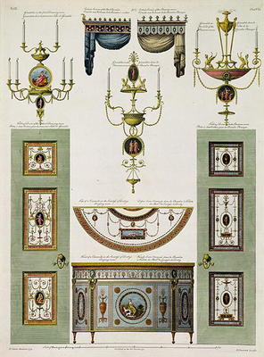 Designs for curtain cornices, girandoles and folding doors, 1774, by Robert Adam (1728-92) (and deta from 