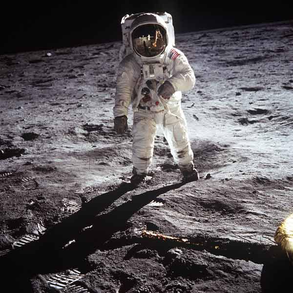 1st steps of human on Moon : American Astronaut Edwin Buzz Aldrinwalking on the moon during Apollo 1