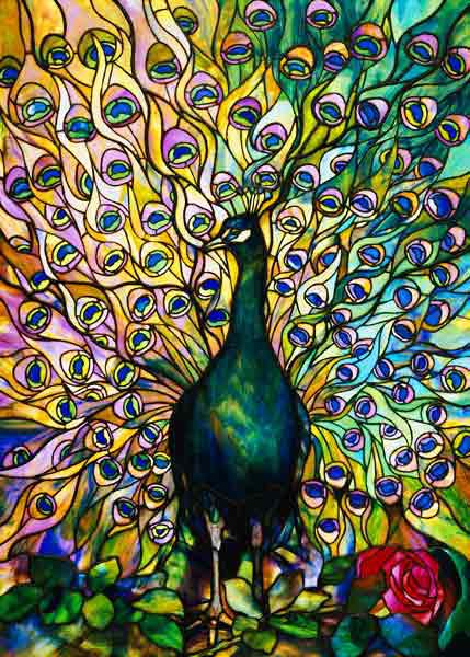 Fine Peacock Leaded Glass Domestic Window By Tiffany Studios