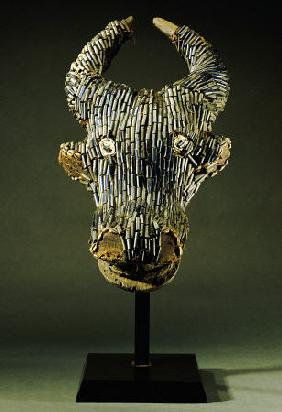 Grassfields Cameroon Visor Mask In The Form Of A Water Buffalo With Broad Curved Horns Decorated Wit