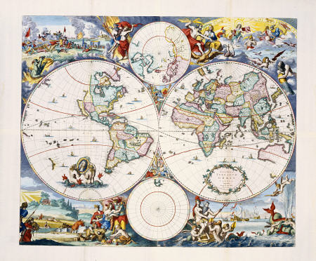 Hand-Coloured Engraved And Etched Wall-Map Of The World On 4 Sheets Cornelis III Danckerts (1664-171 from 
