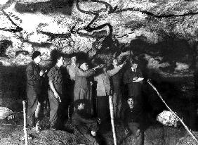 historical visit of the Cave of Lascaux, Montignac, France at the time of its discovery in 1940 l-r 