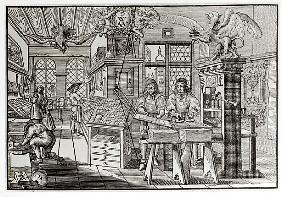 Interior of a printing works in Nuremberg, 17th century (b/w print)