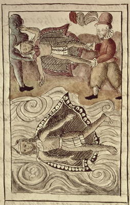 MS. Laur. Med. Palat. 220 f.447 The bodies of Montezuma and Itzquauhtzin are cast out of the palace from 