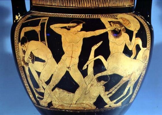 Red-figure vase depicting the battle between the centaurs and the lapiths, detail of warriors, Greek from 