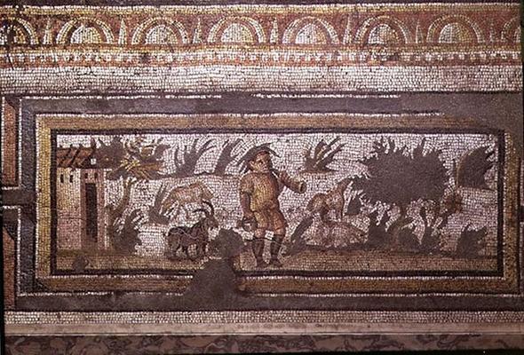 Scene of a goatherd with his goats, detail of the border from a mosaic pavement depicting the season from 