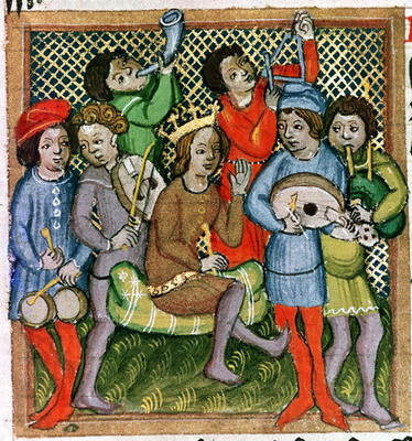 Seated crowned figure surrounded by musicians playing the lute, bagpipes, triangle, horn, viola and from 