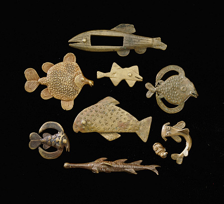 Thirty-Six Akan Brass Goldweights Cast As Fish In Varying Forms from 