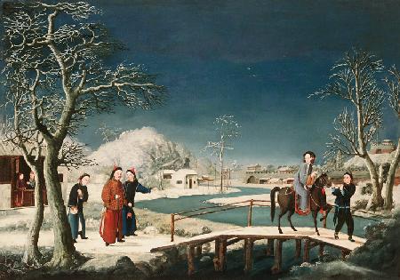 Winter: A Frozen River Landscape With A Lady On A Horse Crossing A Bridge