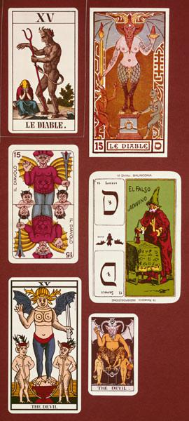 XV The Devil, six tarot cards from different packs
