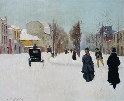 French street scene with snow (oil on metal)