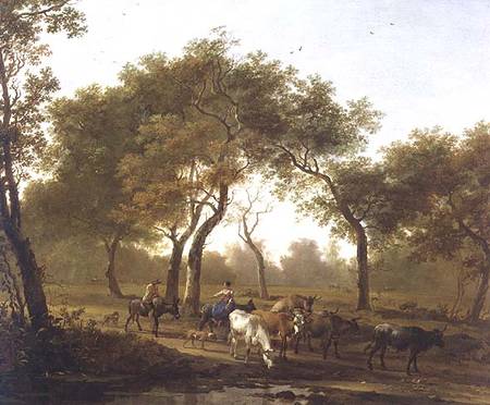 Two peasants with a herd of cattle on a wooded path leading to a lake from N.P. Both