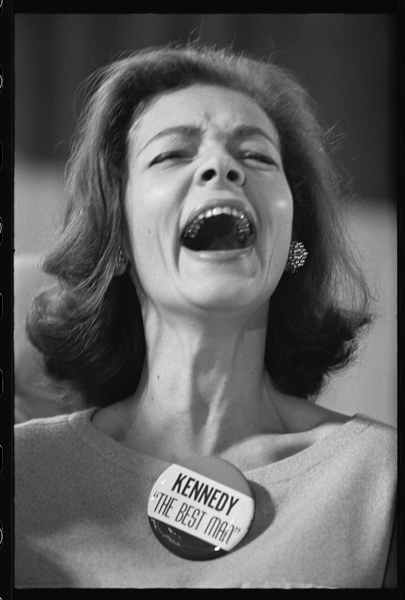 Lauren Bacall wearing Kennedy The Best Man pin badge on election night from Orlando Suero