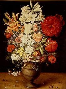 Lilies, Päonien, tulips, roses and other flowers in brown clay jug from Osias Beert I.