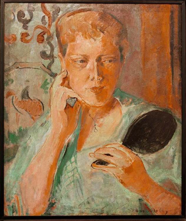 Portrait Margarethe with black hand mirror from Oskar Moll