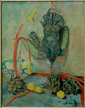 Still life with guinea fowl and artichokes
