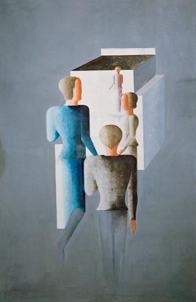 Four figures and a cube