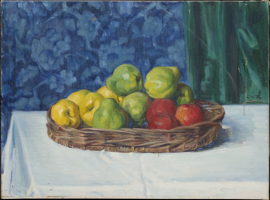 Still Life: Basket with Fruit on a Table in front of a Curtain and Wallpaper from Ottilie Roederstein