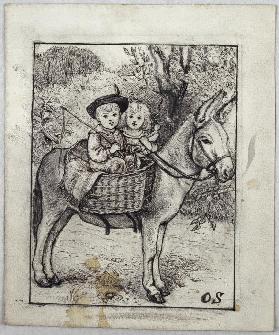 Ein Junge und ein Mädchen auf einem Esel
