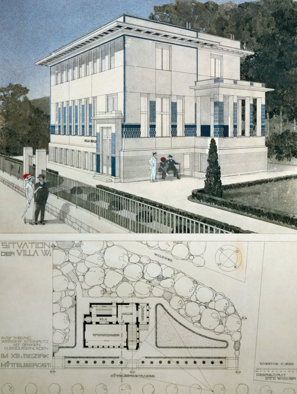 Villa Wagner, Vienna, design showing the exterior of the house, built of steel and concrete in sever from Otto Wagner