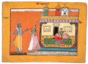 Krishna arriving at Radha's house, illustration from a manuscript of the 'Rasamanjari' of Bhanudatta