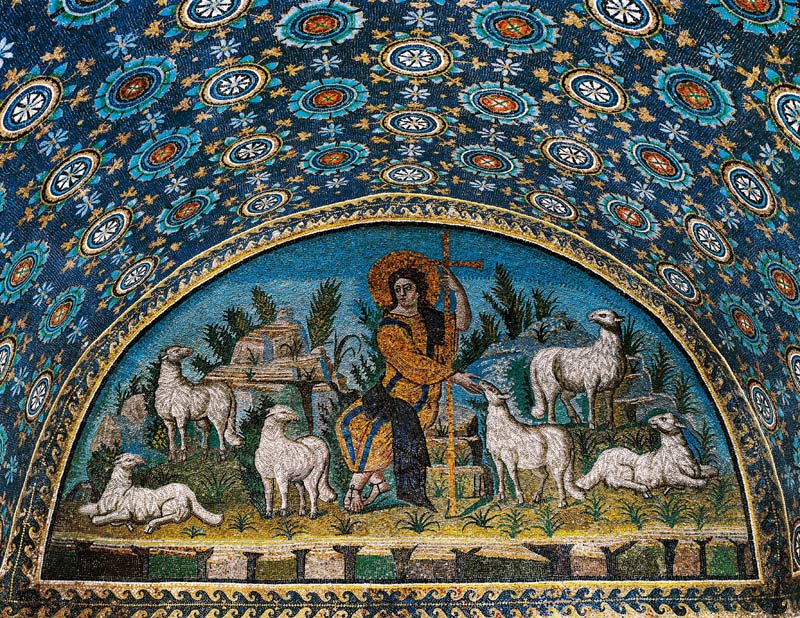 Der gute Hirte, Mosaik der Lünette über der Eingangstür des Mausolee der Galla Placidia, um 425 (Mos from Paleo-Christian