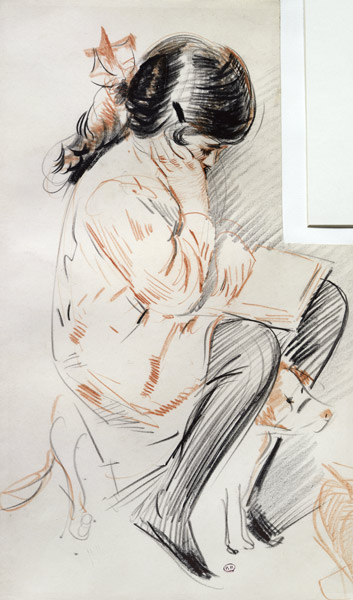 Paulette Reading Sitting on her Toy Dog (coloured pencil on paper) from Paul Cesar Helleu