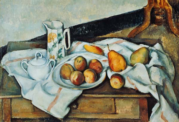 Still Life with Carafe, Sugar Bowl, Bottle and Fruits from Paul Cézanne