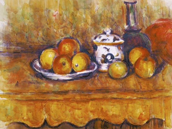 Quiet life with blue bottle's and sugar bowl's watercolour painting from Paul Cézanne