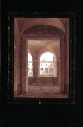 View of a Cloister with a Fountain (sepia w/c on paper)