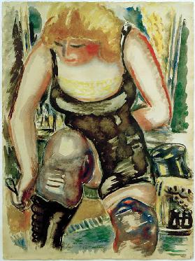Blond lady with shoe-maker