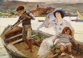 A Mother and Child being Ferried across a River with a Town Beyond, 1913