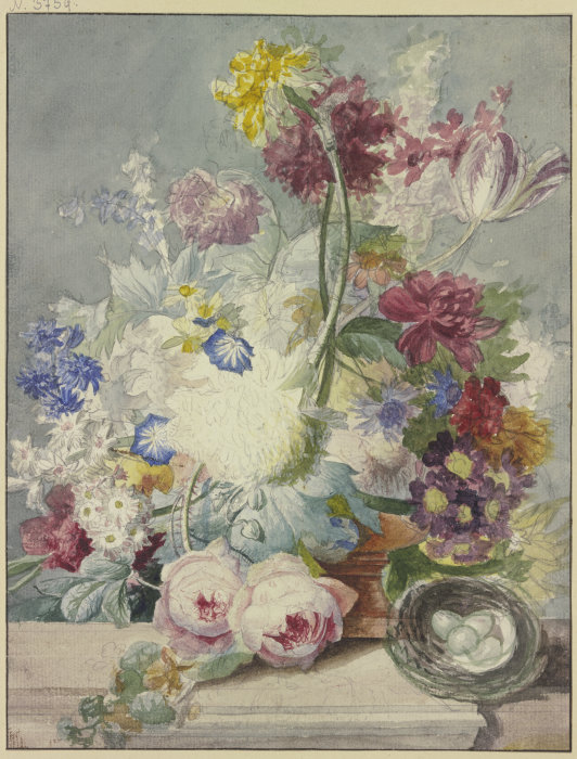 Blumenstrauß, dabei ein Vogelnest mit Eiern from Paul Theodor van Brussel