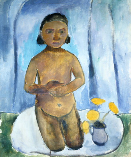 Kniendes child in front of a blue curtain from Paula Modersohn-Becker