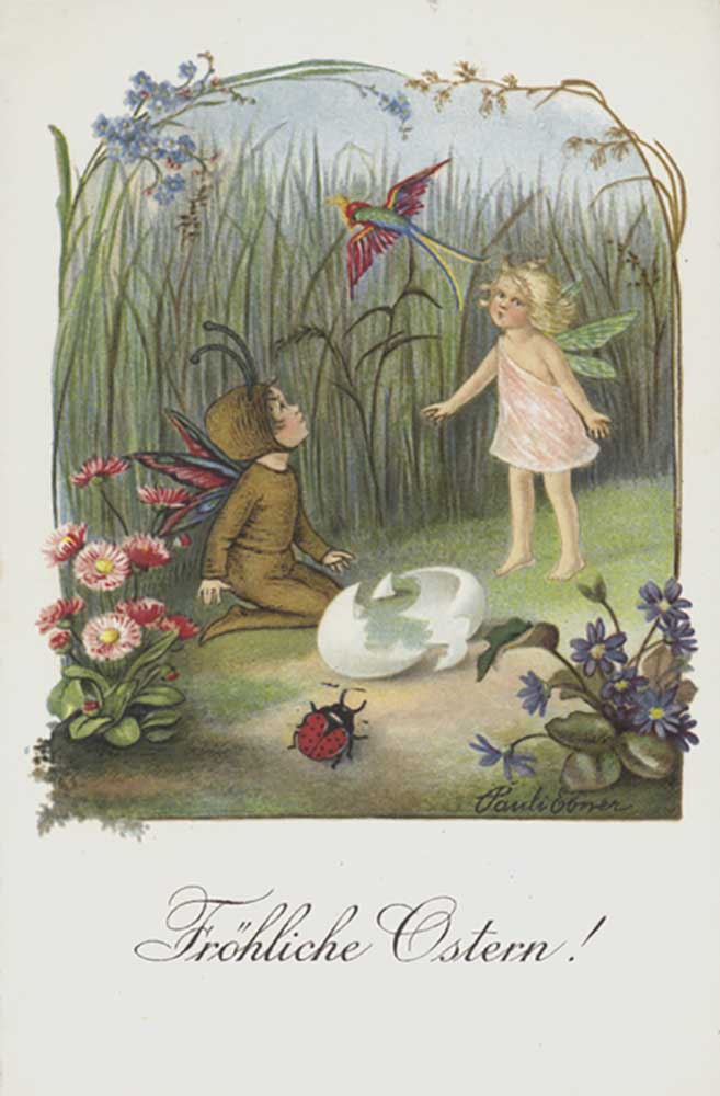 Easter greetings card depicting two fairies in a spring garden. from Pauli Ebner