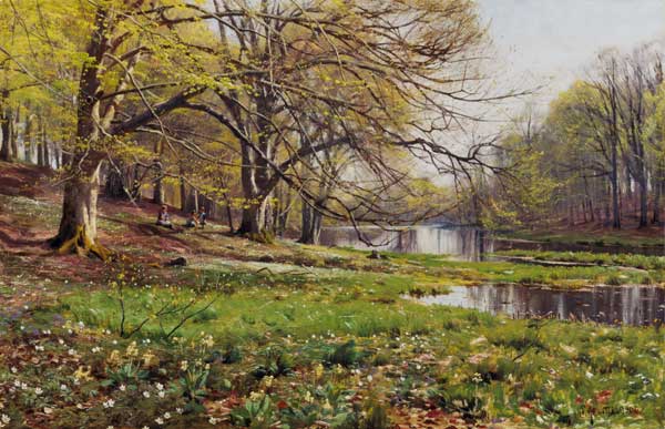 Riverside in spring with playing children from Peder Moensted