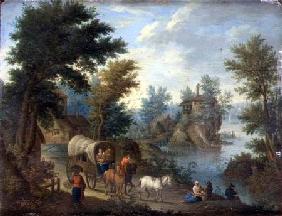 A wooded river landscape with travellers