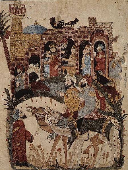 Ar 5847 f.138 Abu Zayd and Al-Harith questioning villagers from 'The Maqamat' (The Meetings) by Al-H from Persian School