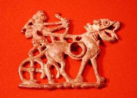 Horse bit depicting a hunter on his chariot, firing his bow