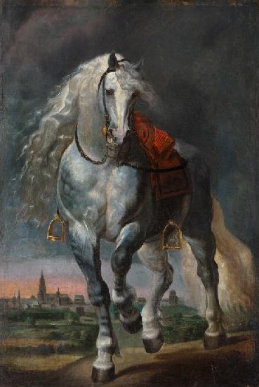 White Horse trotting over a flat Landscape before a City
