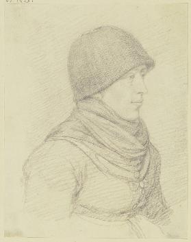 Porträt einer Bäuerin mit Wollmütze im Profil nach rechts