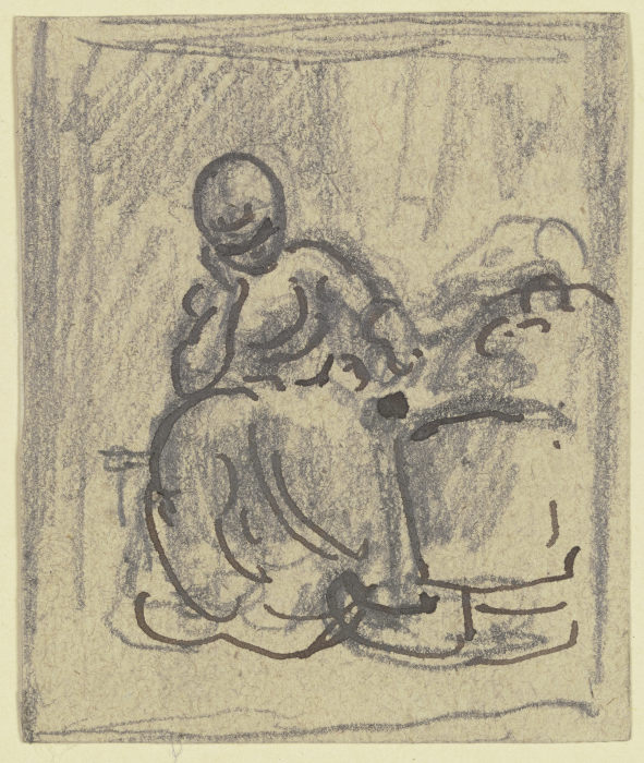Frau, mit aufgestütztem Kopf an einer Wiege sitzend from Philipp Rumpf