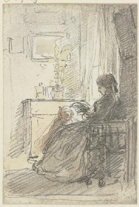 Frau mit einem Buch am Fenster sitzend